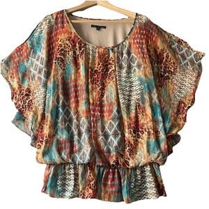 Sara Michelle Sheer Lined Top 1X Multicolor Peasant Boho Artsy Hippie